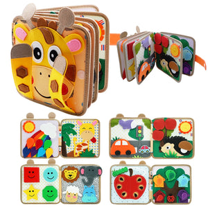 Children's soft book with animal faces and colorful pages on a white background