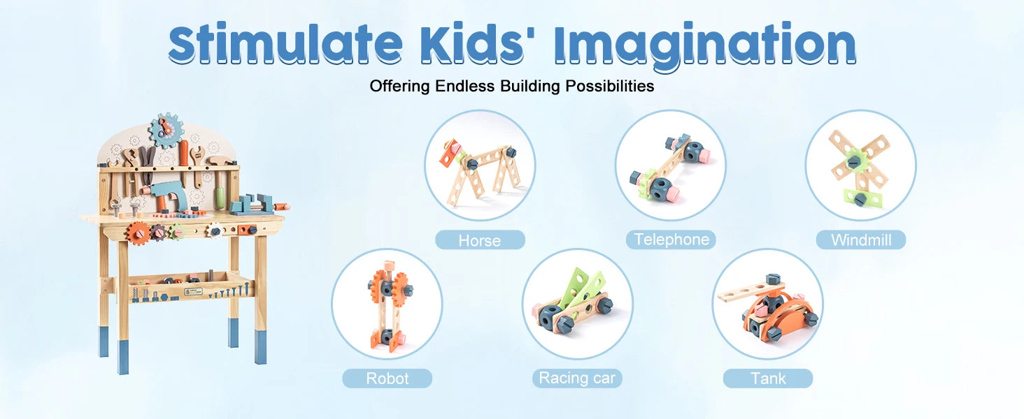 Toy building set with tools and models on a white background, promoting kids' imagination.