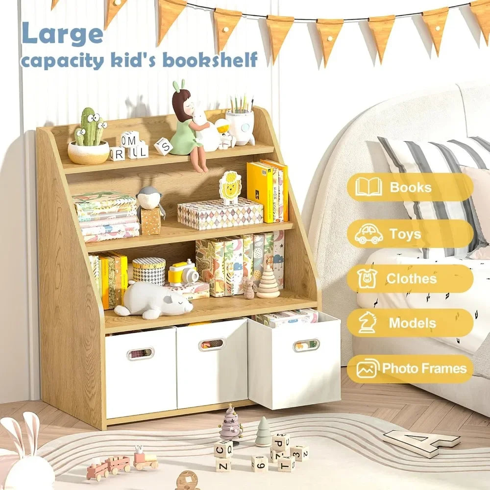 Wooden kids' bookshelf with toys and books in a child's room