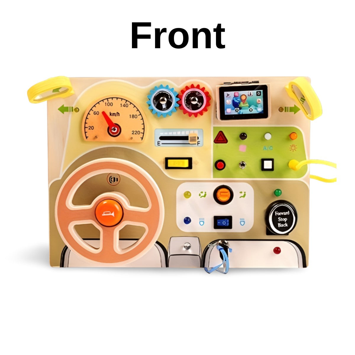 Front view of Montessori wooden car dashboard featuring steering wheel, keys, and gear switch