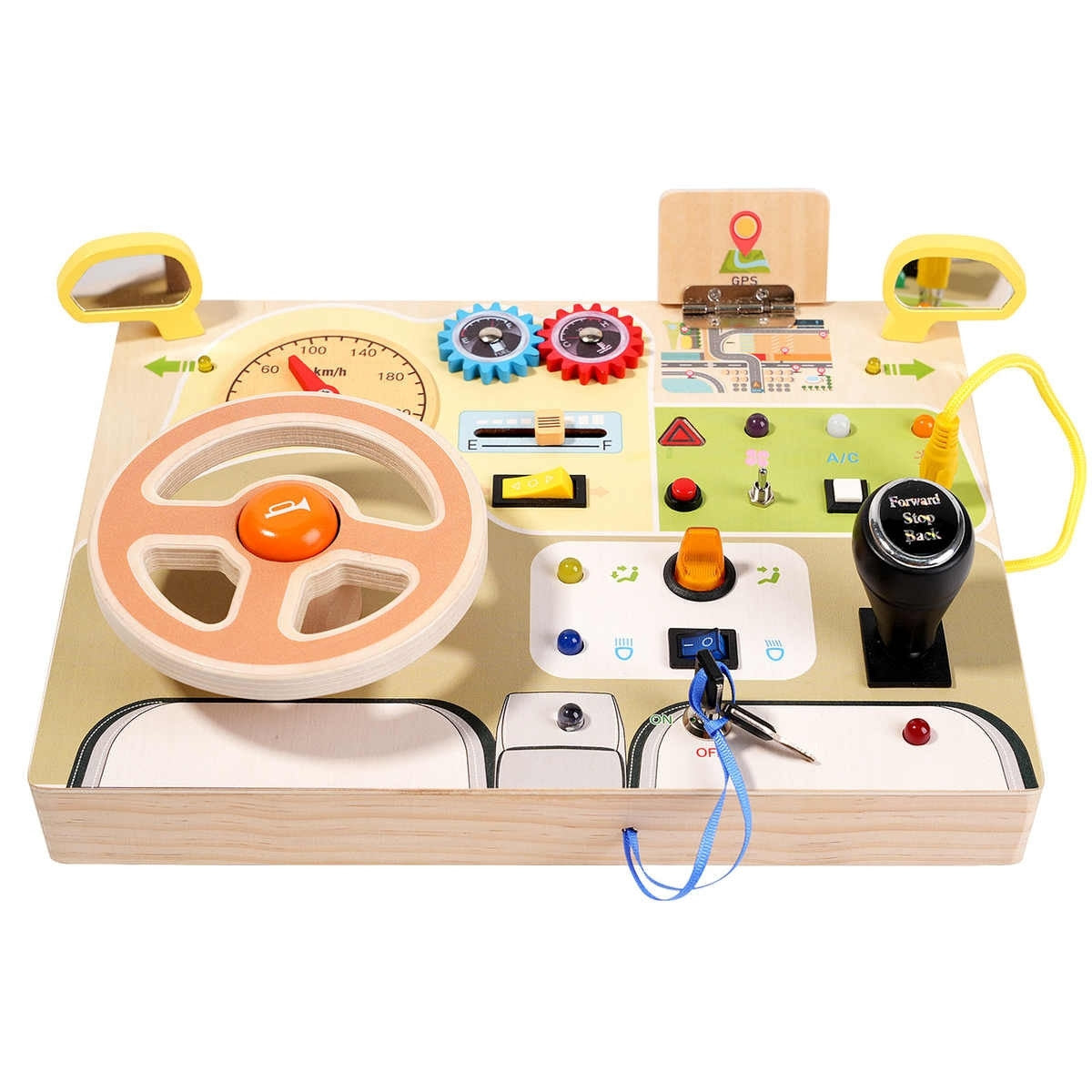Montessori car dashboard with wooden steering wheel, switches, lights for toddler activity play