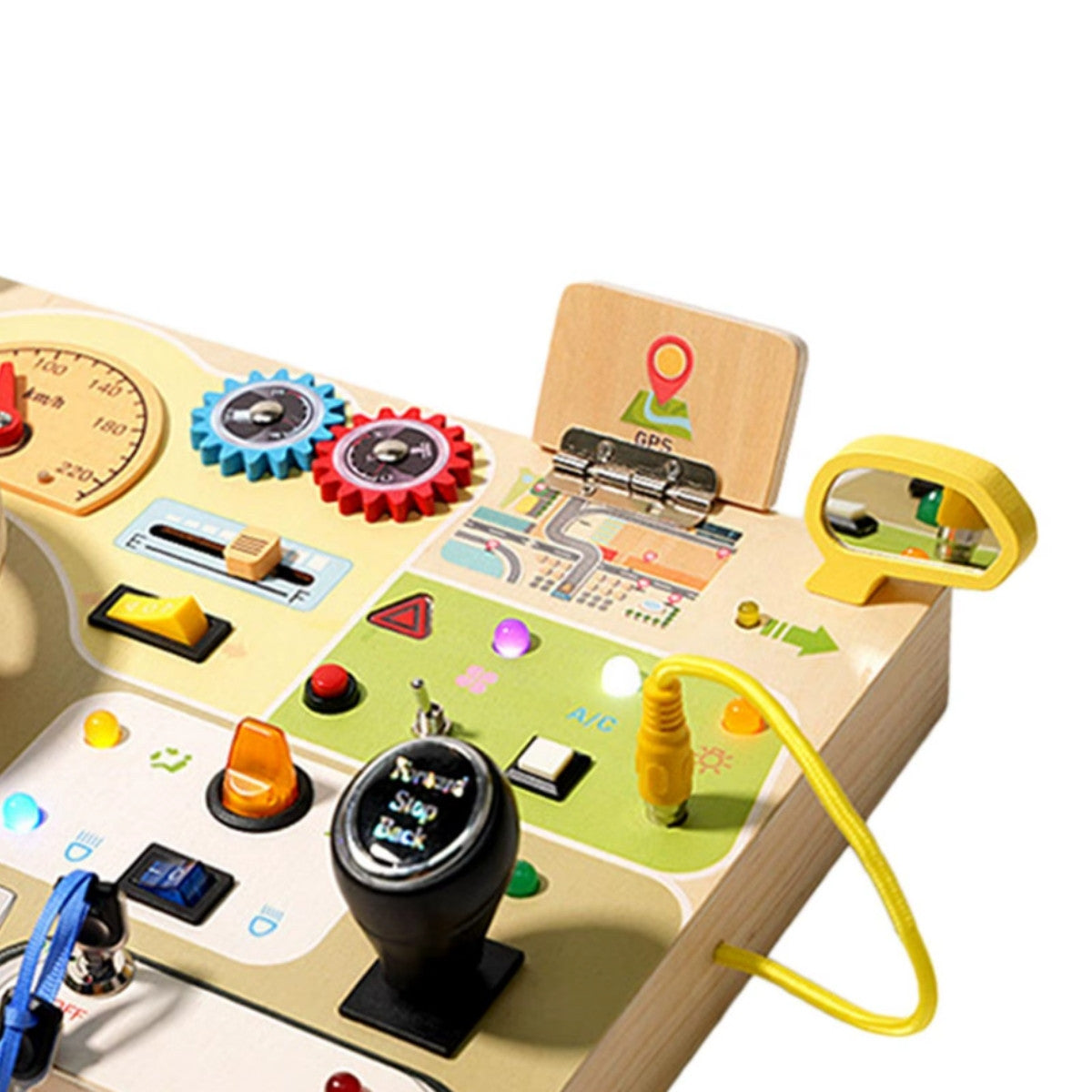 Montessori car dashboard with wooden steering wheel, switches, lights for toddler activity play
