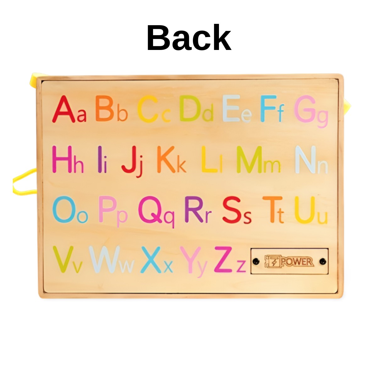 Back view of Montessori car dashboard showing colorful wooden alphabet for preschool learning