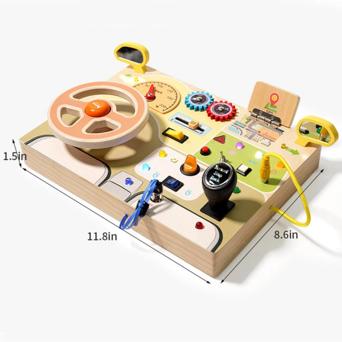 Dimensions of Montessori wooden car dashboard for toddler pretend play and sensory activities