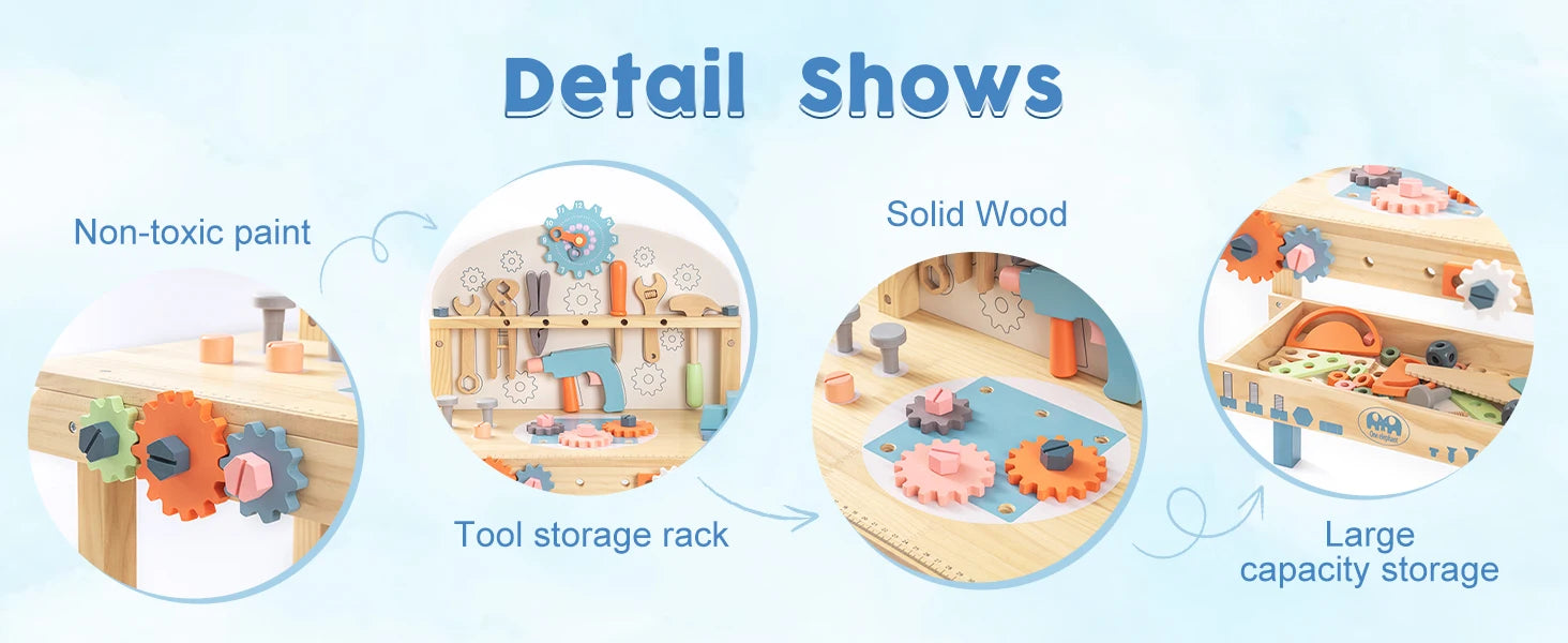 Wooden toy set with features highlighted on a light blue background