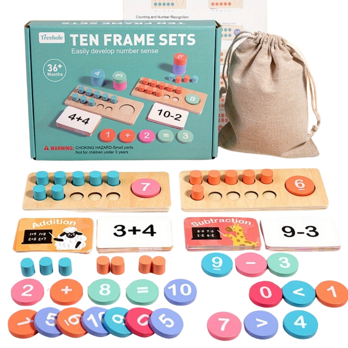 Montessori math set with wooden ten frames, number chips, task cards, and storage bag on white background