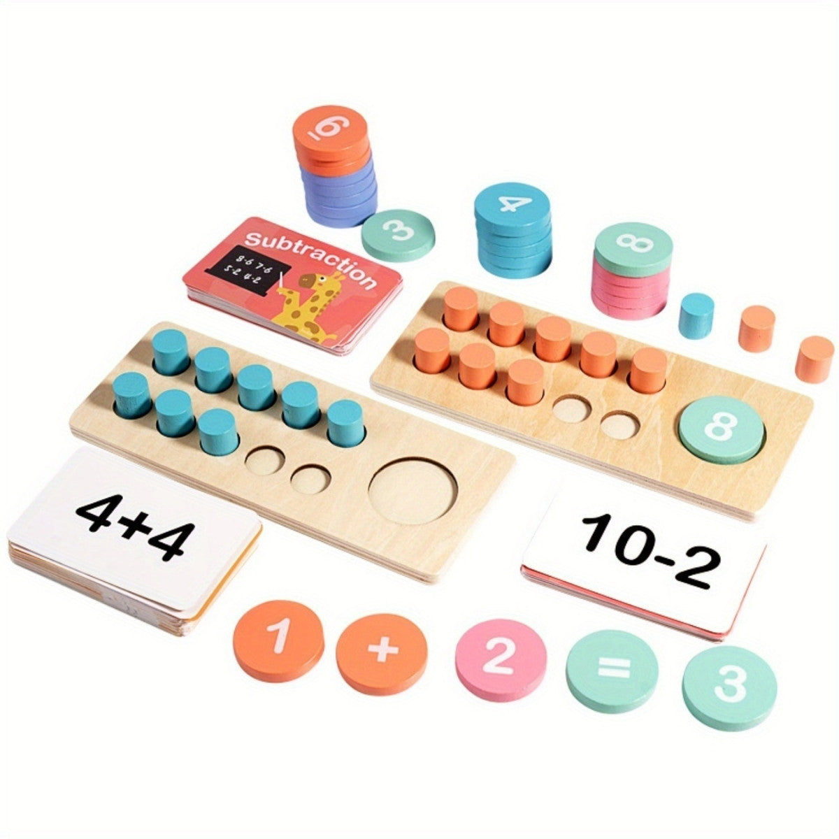 Montessori math set with wooden ten frames, number chips, task cards, and storage bag on white background