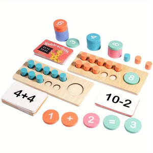 Two Montessori wooden ten frames with colorful number chips and activity cards on white background