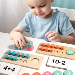 Toddler practicing addition using Montessori wooden ten frame and number chips