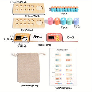 All components of Montessori ten frame set with dimensions shown for each piece