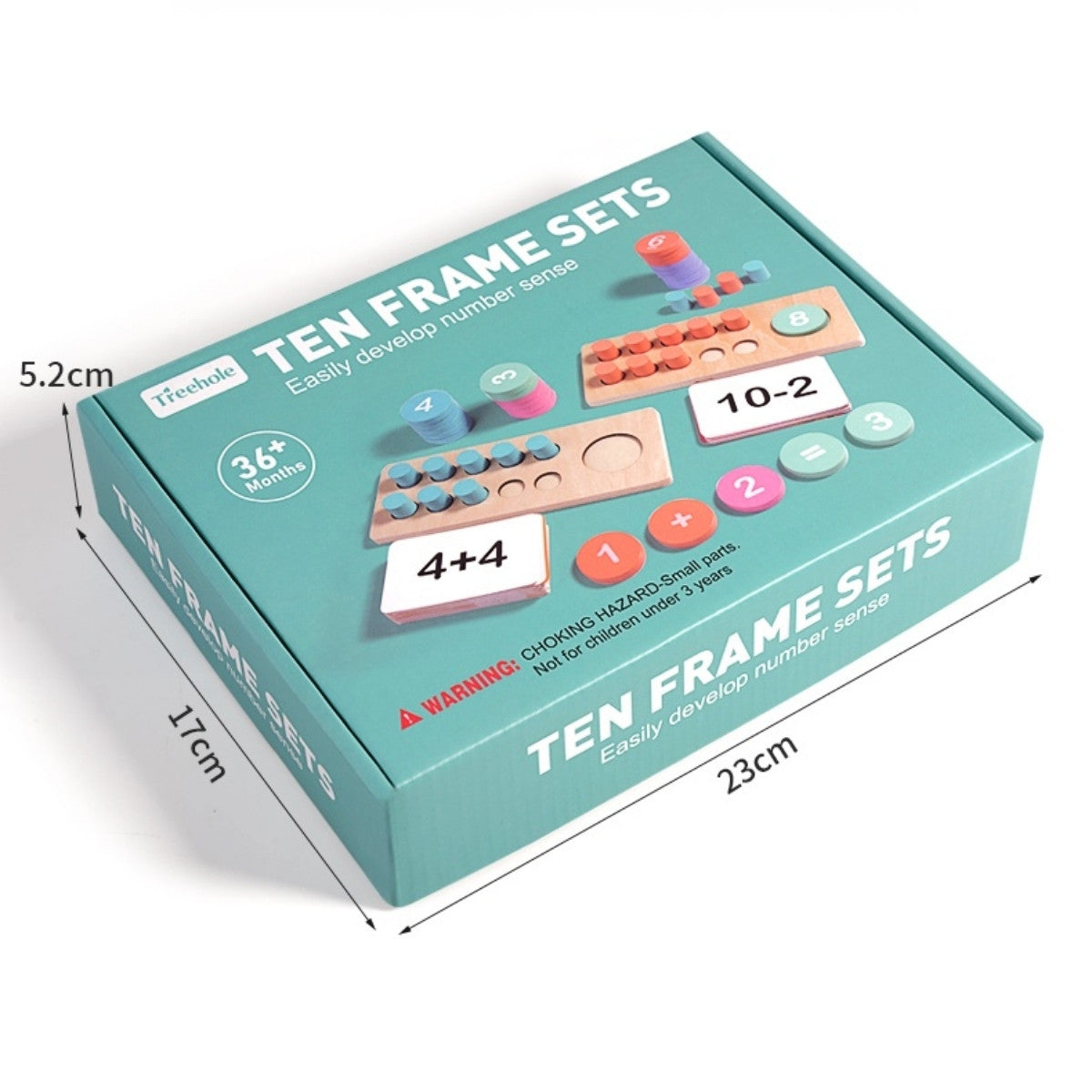 Packaging of Montessori wooden math set with visible measurements