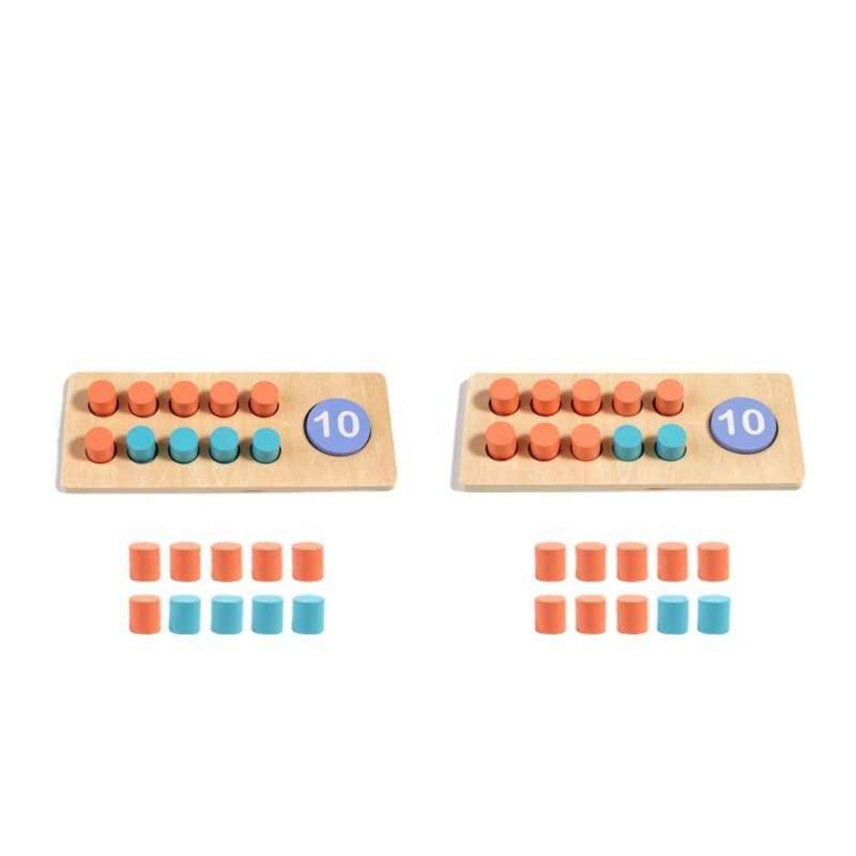 Illustrated guide using wooden ten frames and chips for learning number bonds to 10 