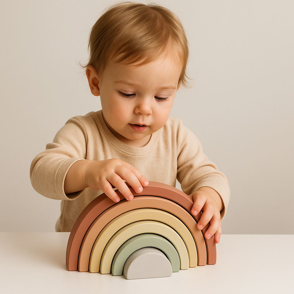 Child playing with a wooden rainbow toy on a neutral background