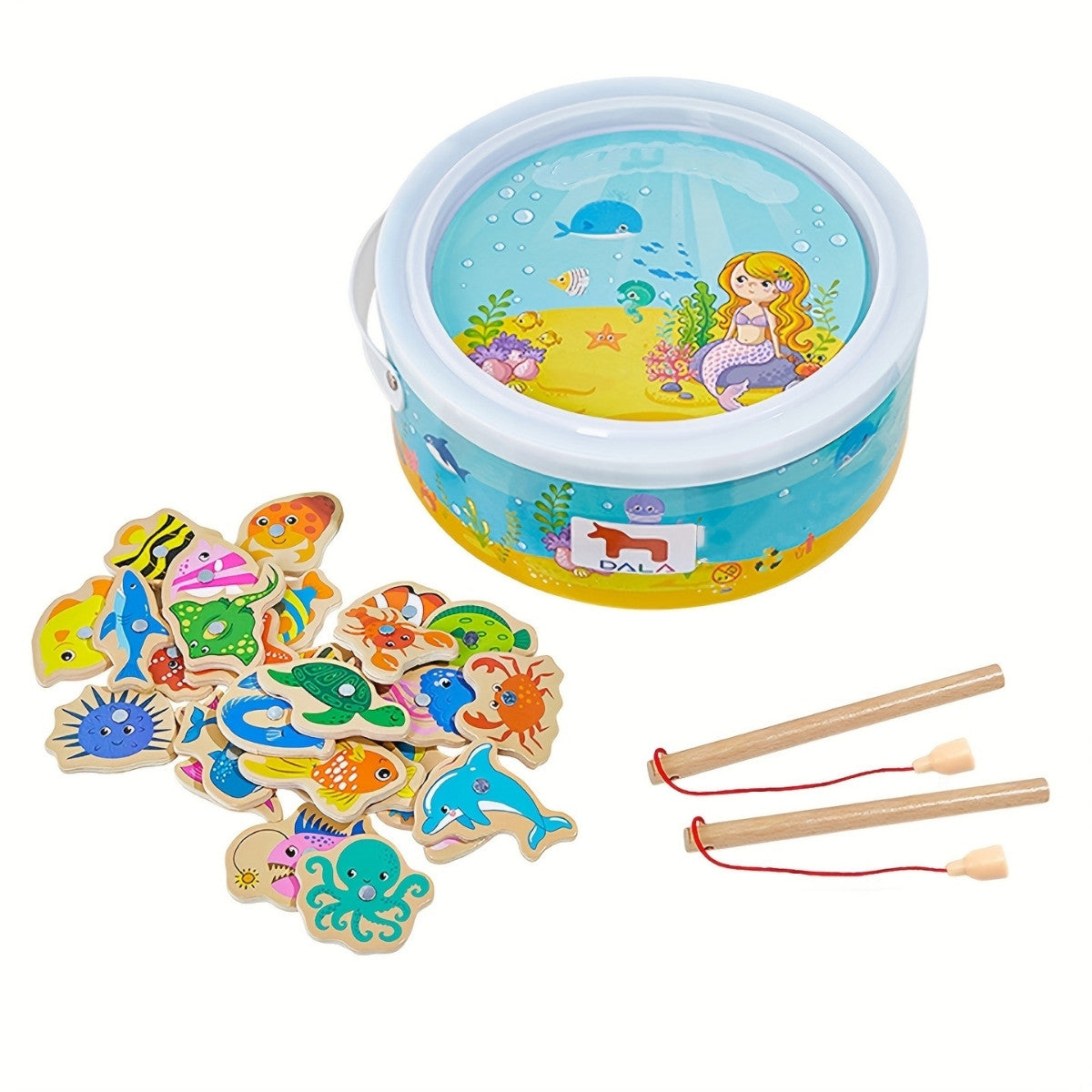 Montessori wooden fishing game with colorful fish, magnetic rods, and storage box
