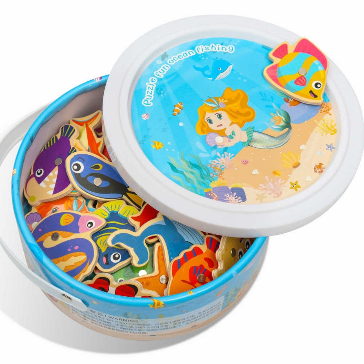 Montessori wooden fishing game with colorful fish, magnetic rods, and storage box
