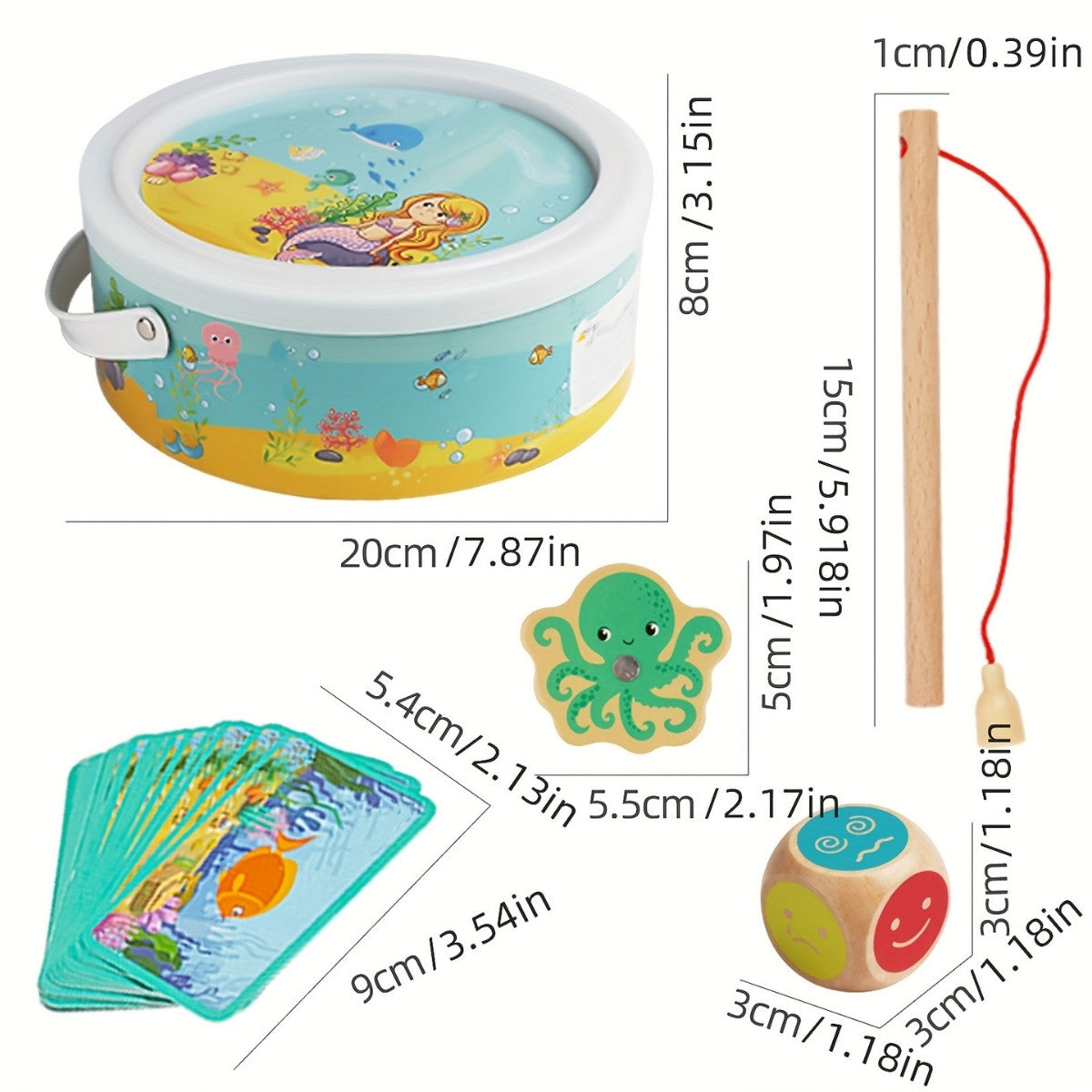 Full Montessori fishing set with labeled measurements for each piece