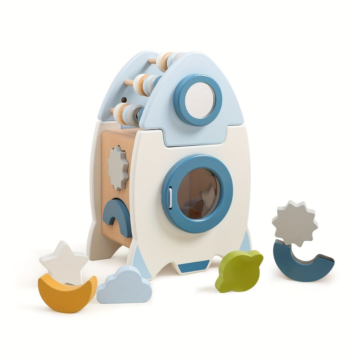 Montessori wooden rocket sorter with colorful shape blocks on white background