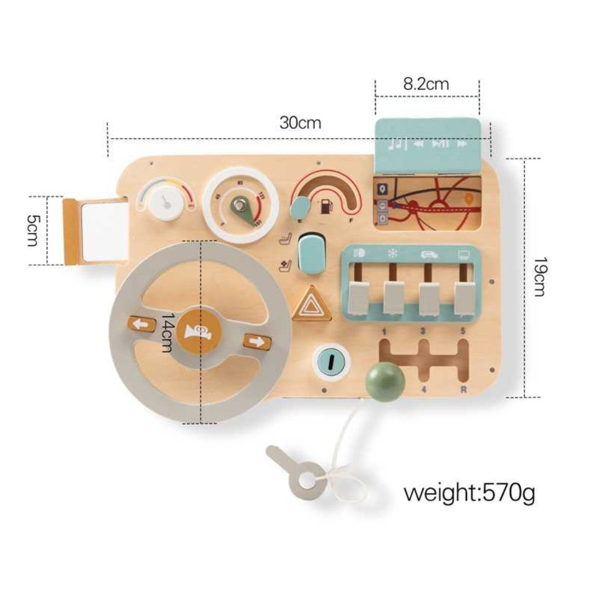 Montessori busy wooden car board with labeled size and weight dimensions for product reference