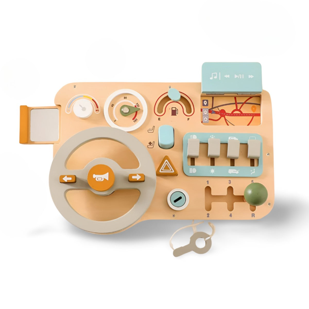 Montessori wooden busy car board on neutral background for early childhood learning