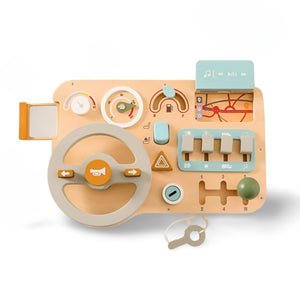 Montessori wooden busy car board on neutral background for early childhood learning