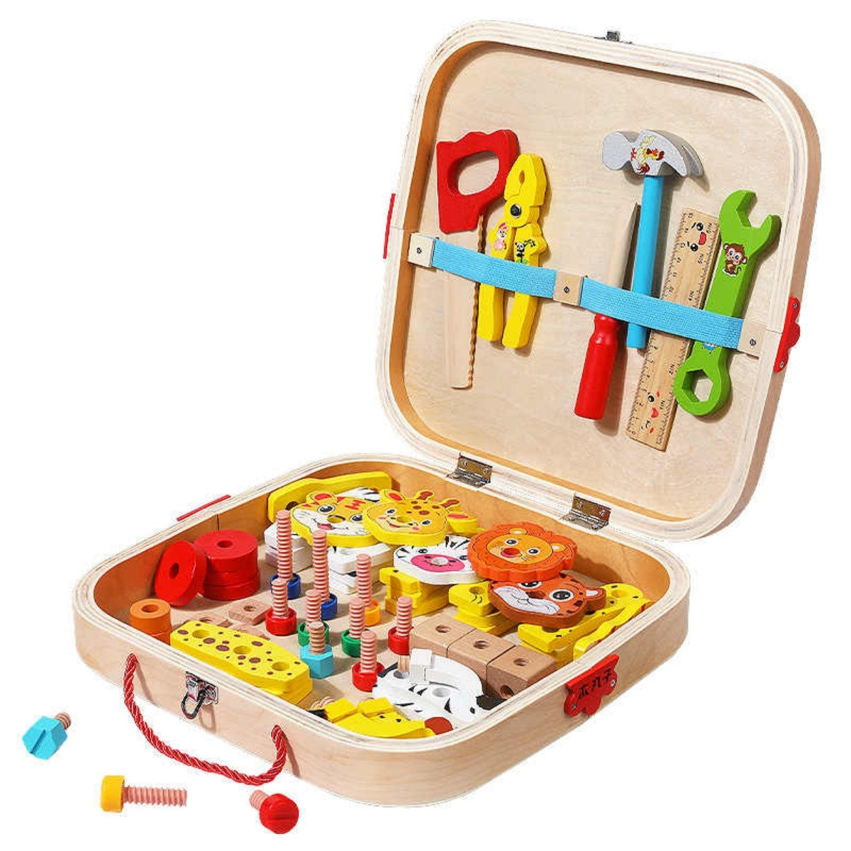 Montessori wooden toolbox set with tools and wooden puzzle pieces for toddler construction play