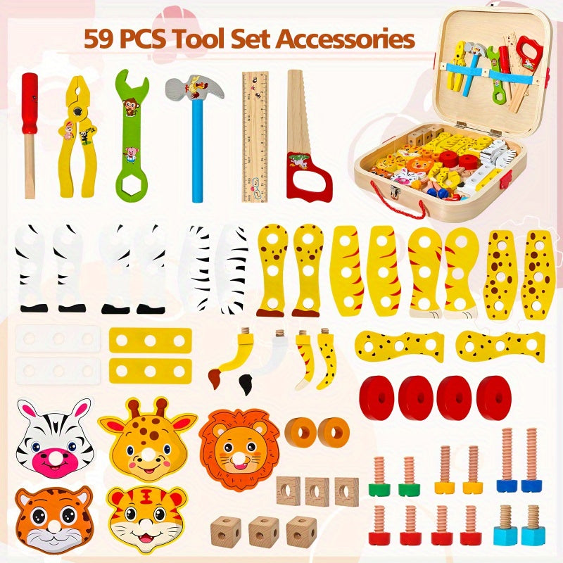 All pieces from Montessori wooden toolbox spread out for toddler building activities