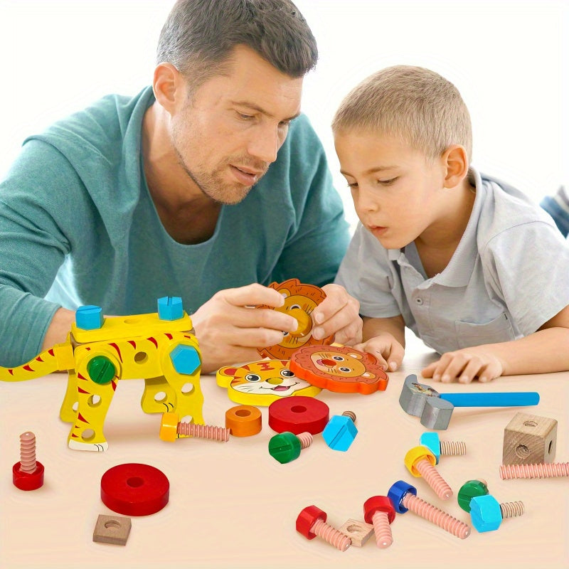 Father and son assembling wooden lion using Montessori toolbox for creative play