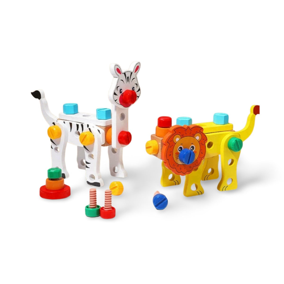 Assembled wooden zebra and lion figures made with Montessori toolbox pieces