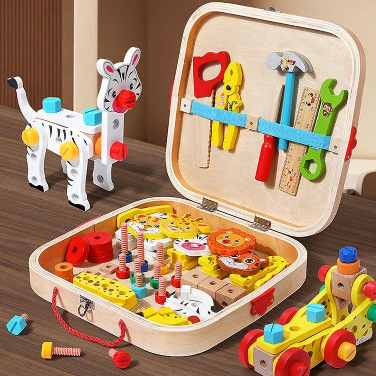 Montessori DIY wooden toolbox on table with assembled wooden lion and car nearby