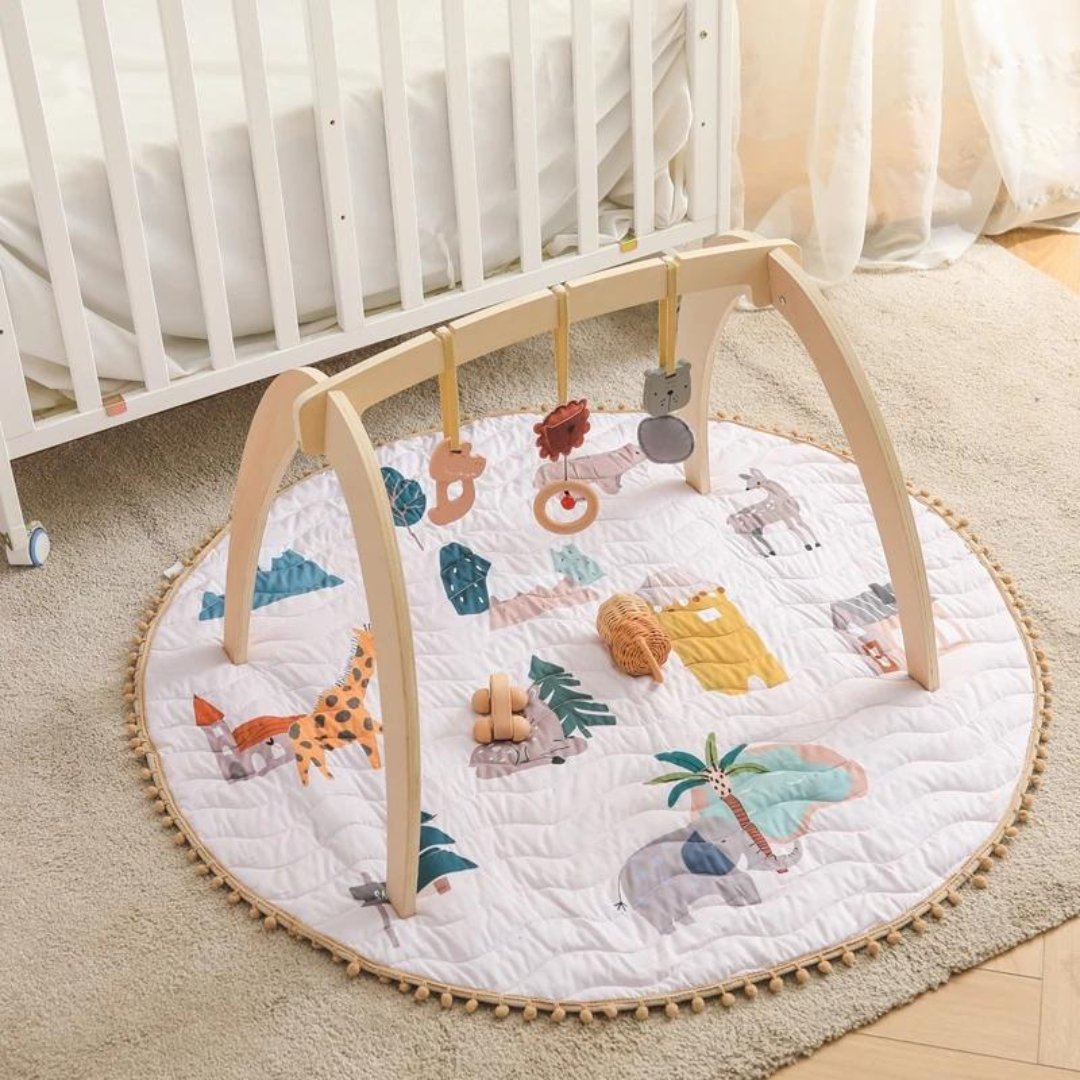 Baby Montessori Wooden Gym Frame – Foldable Play Gym with Sensory Toys - LearnLark Montessori