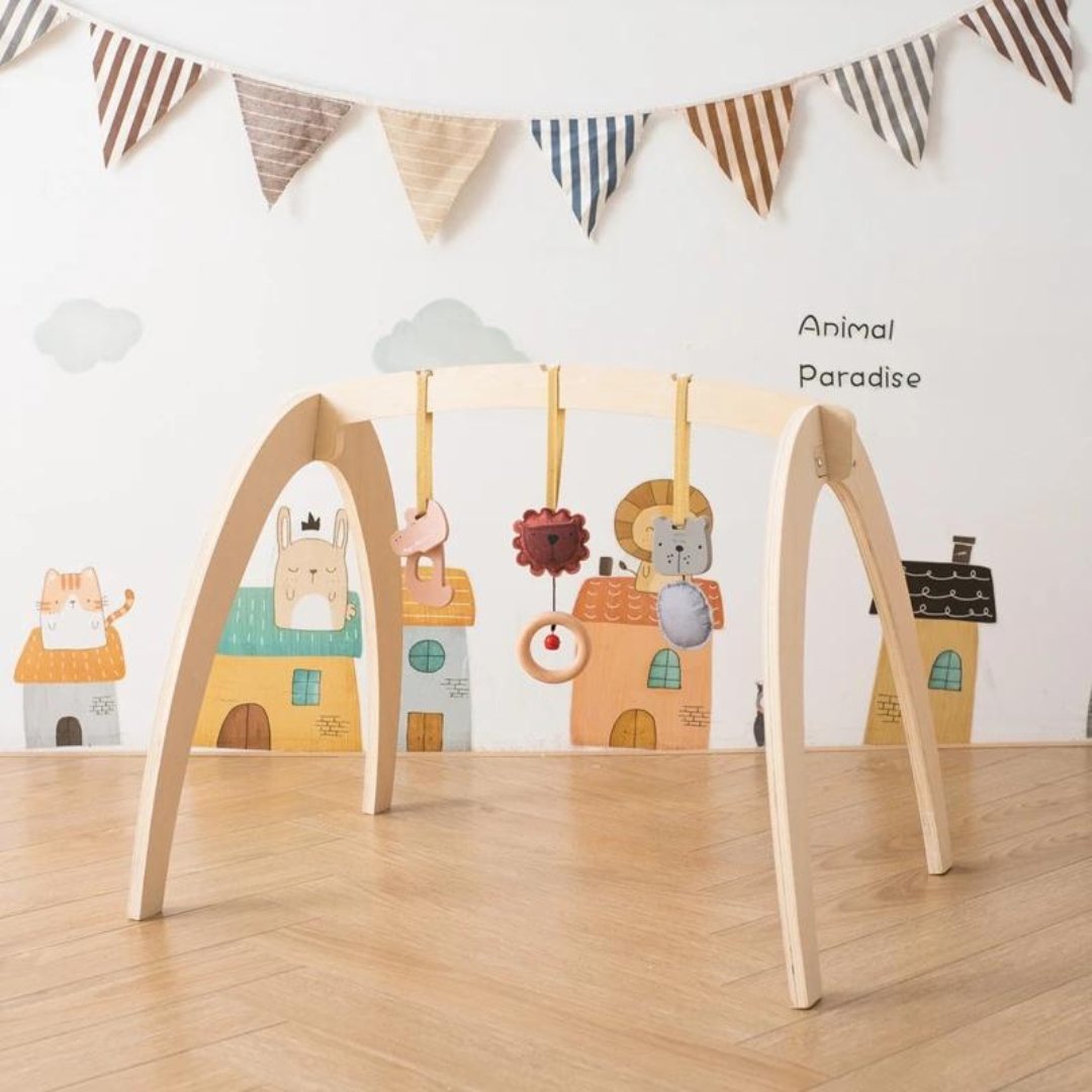 Baby Montessori Wooden Gym Frame – Foldable Play Gym with Sensory Toys - LearnLark Montessori