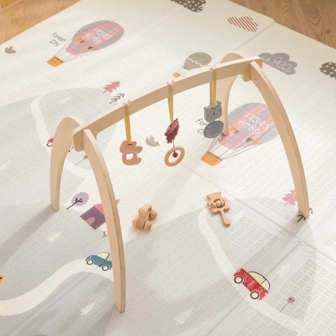 Baby Montessori Wooden Gym Frame – Foldable Play Gym with Sensory Toys - LearnLark Montessori