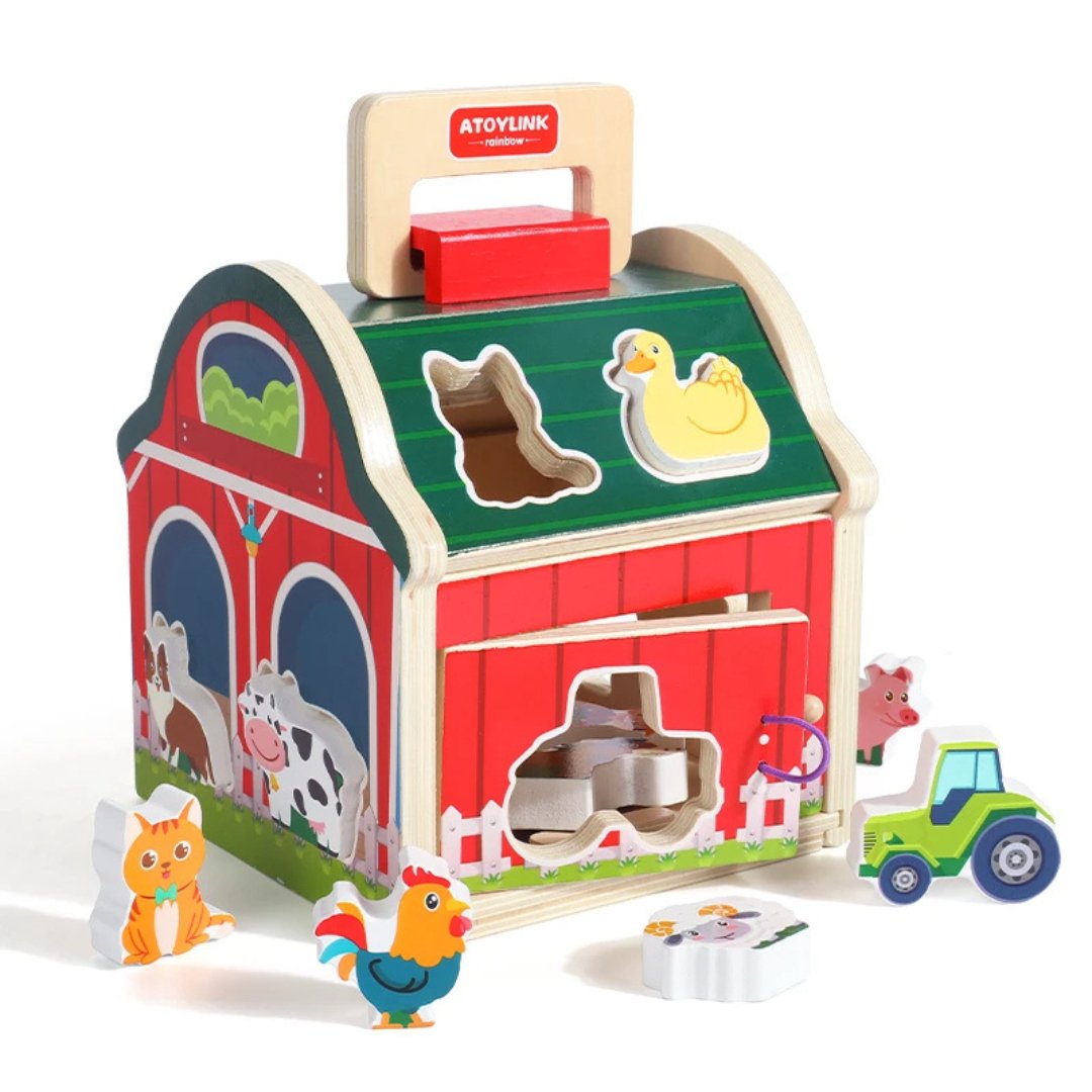 Baby Wooden Montessori Matching House – Farm Animal Shape & Color Sorting Blocks Educational Toy - LearnLark Montessori