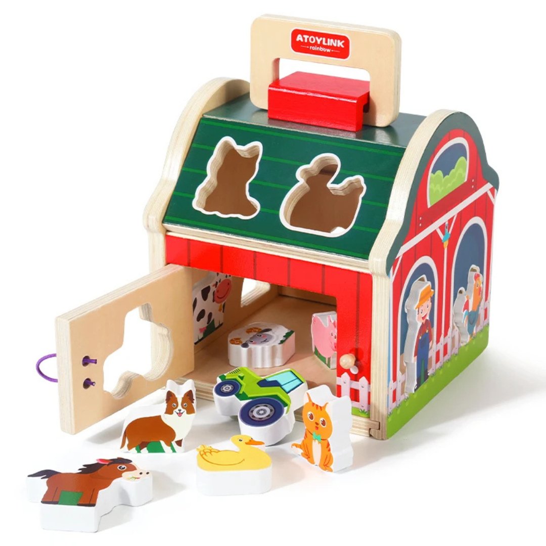 Baby Wooden Montessori Matching House – Farm Animal Shape & Color Sorting Blocks Educational Toy - LearnLark Montessori
