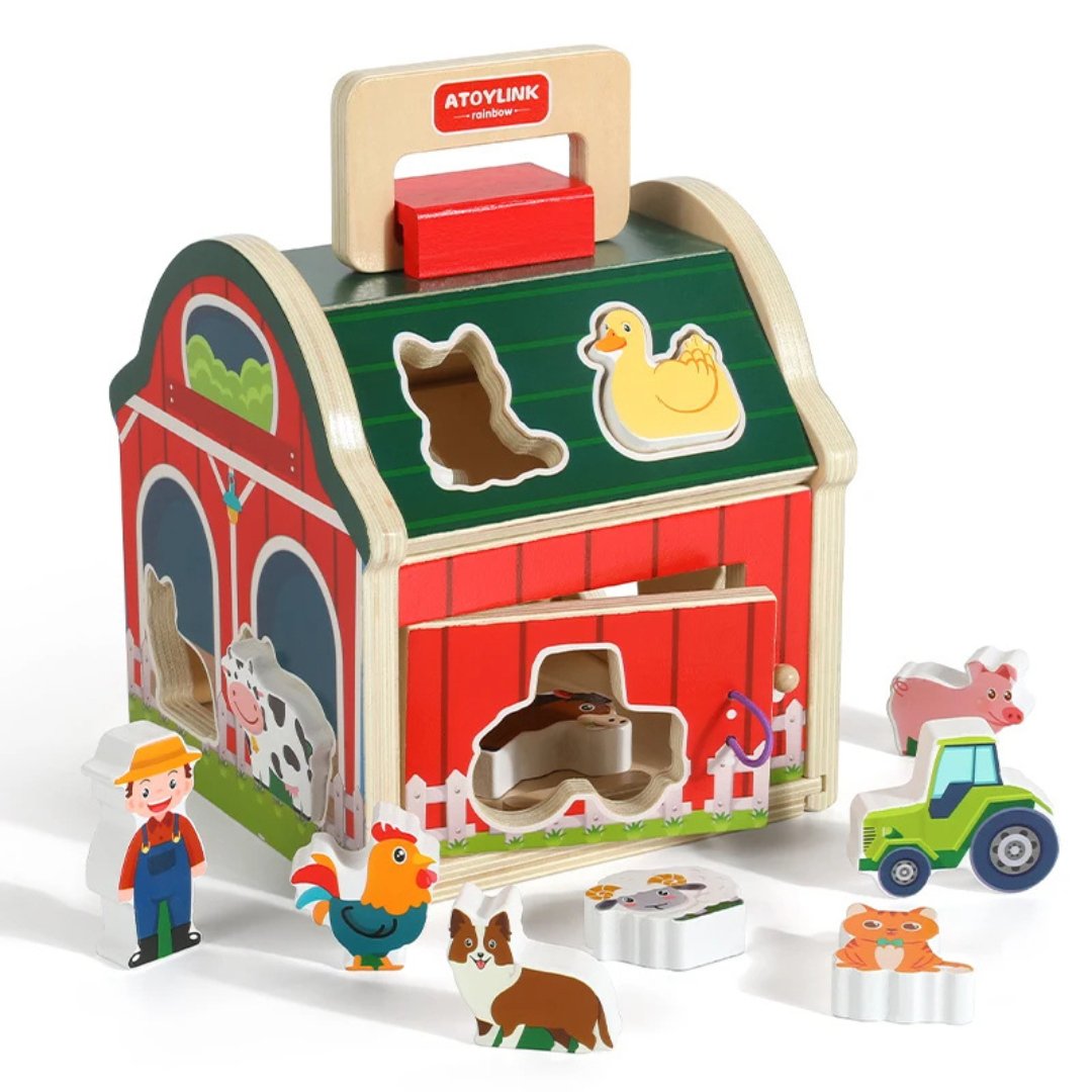 Baby Wooden Montessori Matching House – Farm Animal Shape & Color Sorting Blocks Educational Toy - LearnLark Montessori