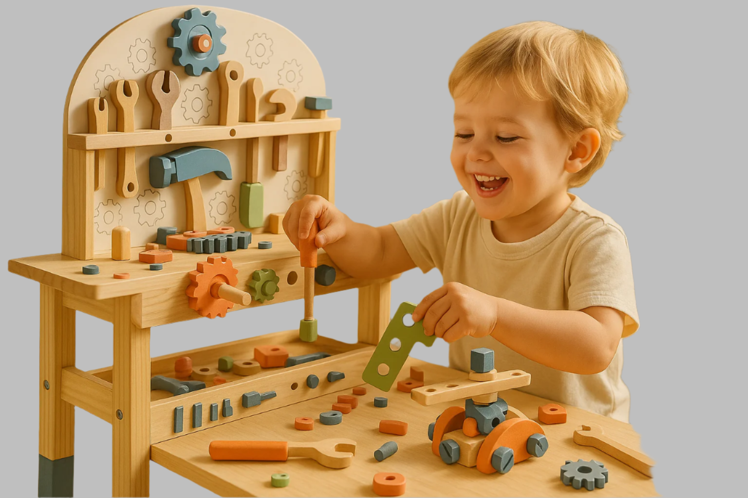 Children's toy workbench with tools and accessories on a white background