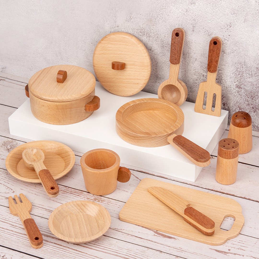 Children's Wooden Mini Kitchen Set – Beech Wood Play House Kitchenware - LearnLark Montessori