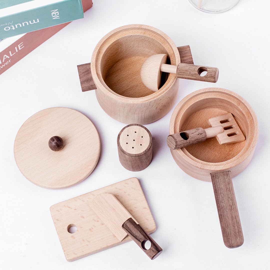 Children's Wooden Mini Kitchen Set – Beech Wood Play House Kitchenware - LearnLark Montessori