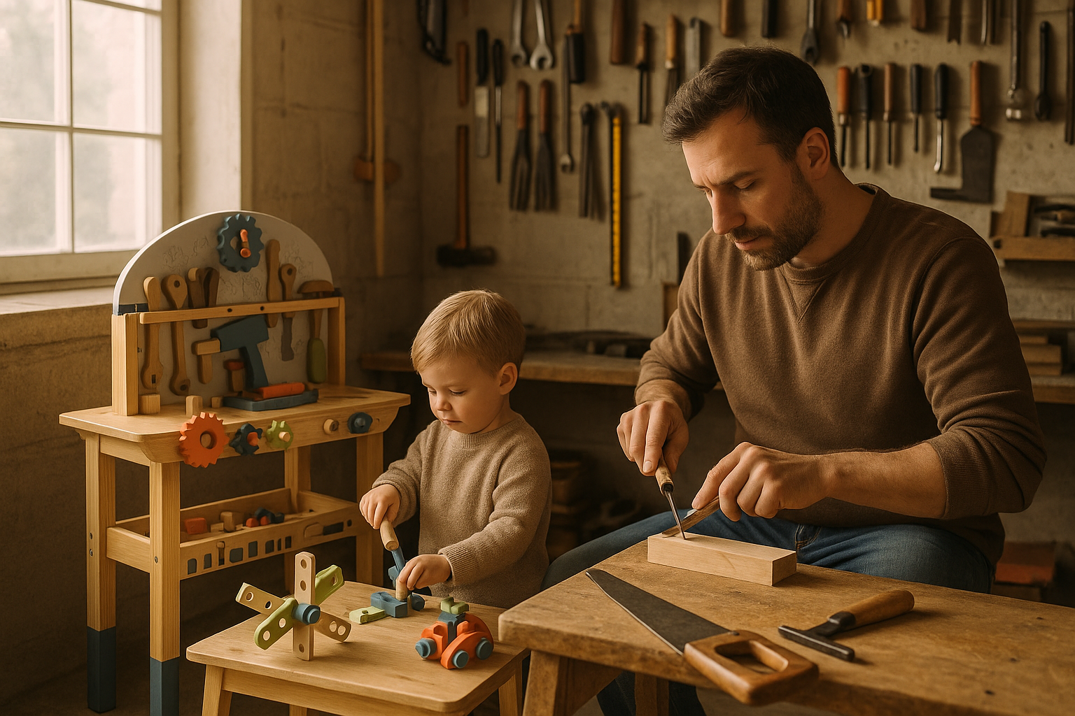 Father and child working together at workbenches