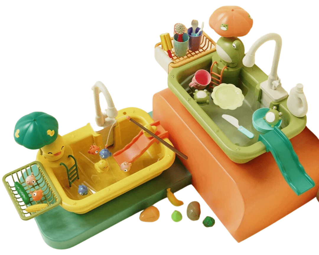 Montessori Kids Kitchen Sink Playset with Electric Dishwasher & Running Water Pretend Food - LearnLark Montessori