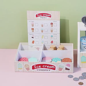 Showcase of the wooden ice cream shop set, its components, materials, and ways to play