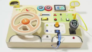 Demonstration of Montessori wooden car dashboard features, lights, and sounds in daylight and darkness