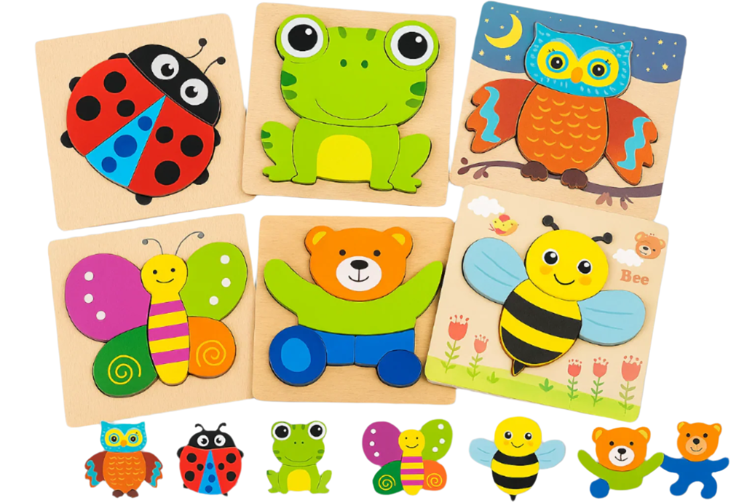 Set of wooden animal puzzles with matching pieces on a white background