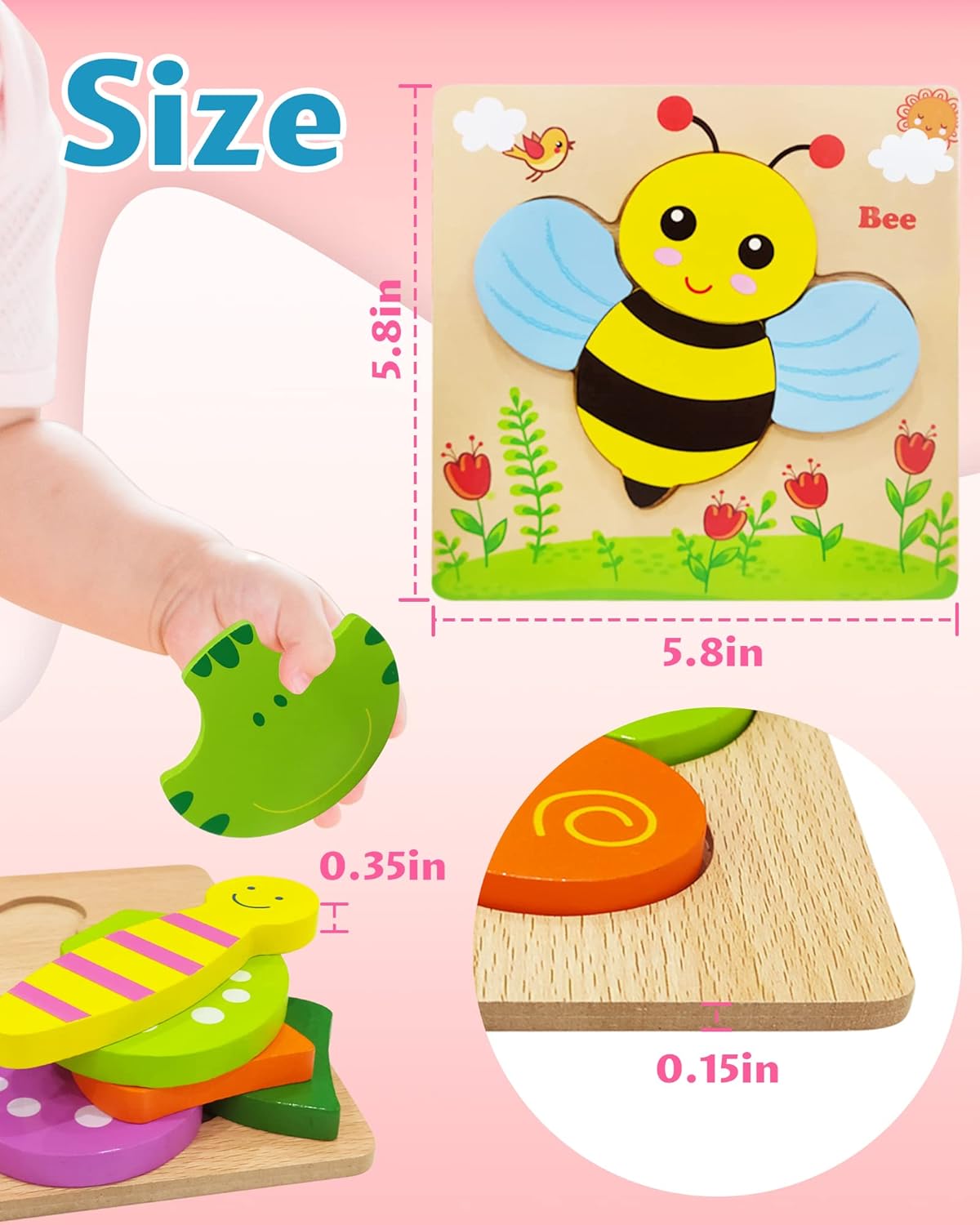 Wooden bee puzzle with colorful shapes and measurements on a pink background