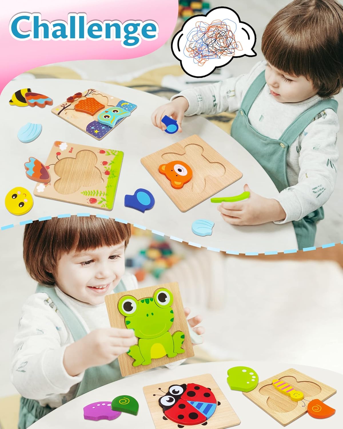 Child playing with wooden puzzle toys on a table, with 'Challenge' text and colorful speech bubble.