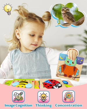 Child playing with educational owl puzzle toy, surrounded by nature-themed illustrations.
