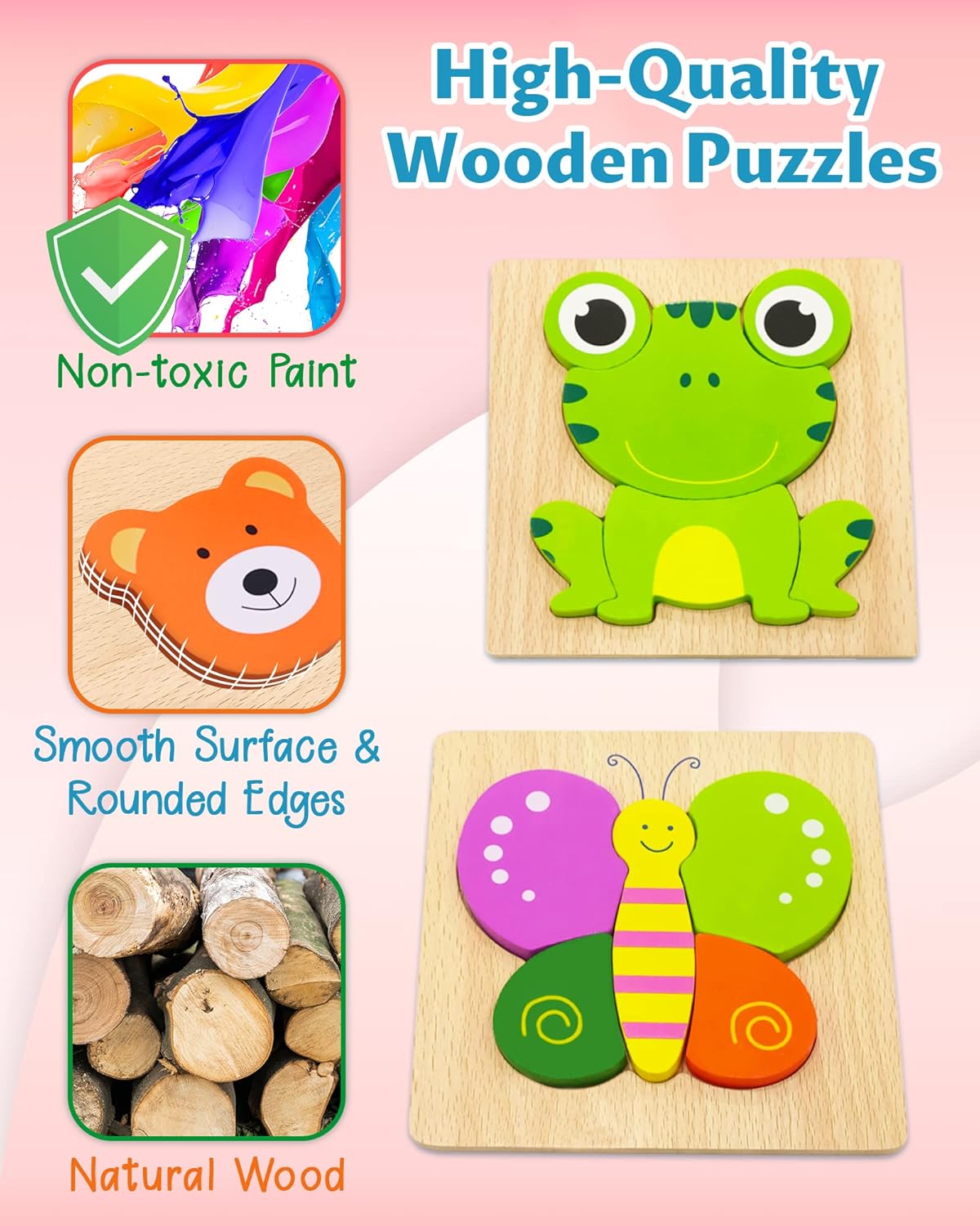Wooden puzzles with animal designs on a pink background, highlighting non-toxic paint and smooth surface.