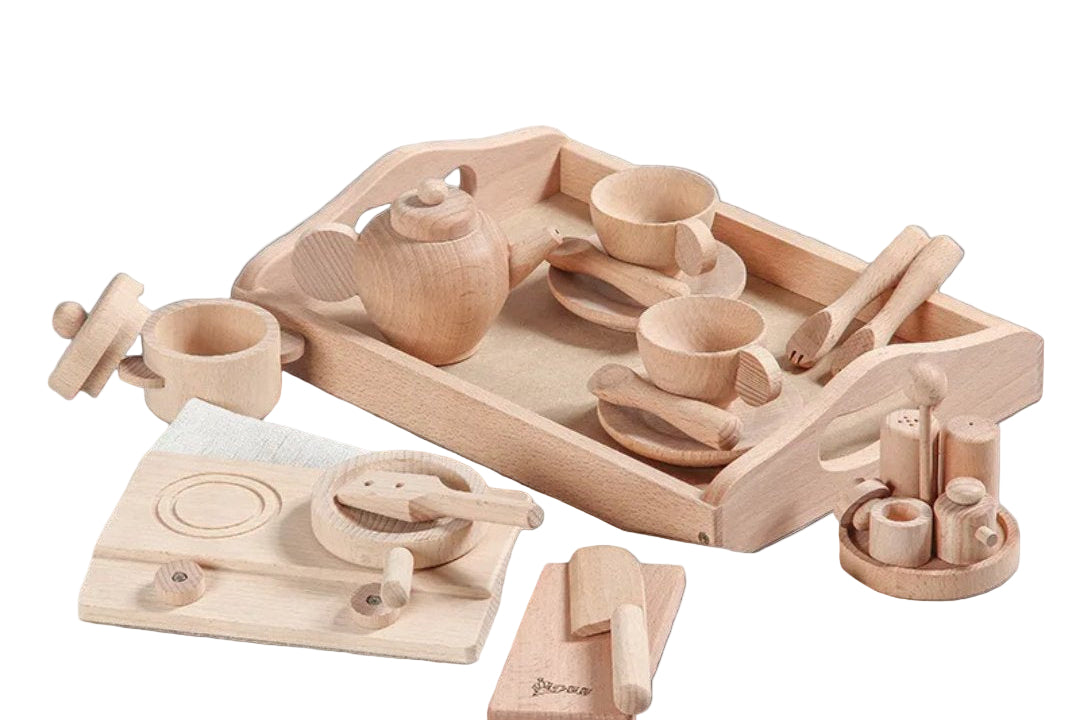 Solid Wood Girls' Play Kitchen Set - Beech Children's Kitchenware Toy - LearnLark Montessori